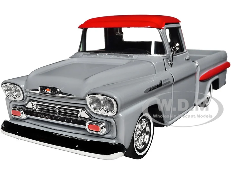 1958 Chevrolet Apache Fleetside Pickup Truck Lowrider Gray with Red Top "Get Low" Series 1/24 Diecast Model Car by Motormax - Chevrolet Models