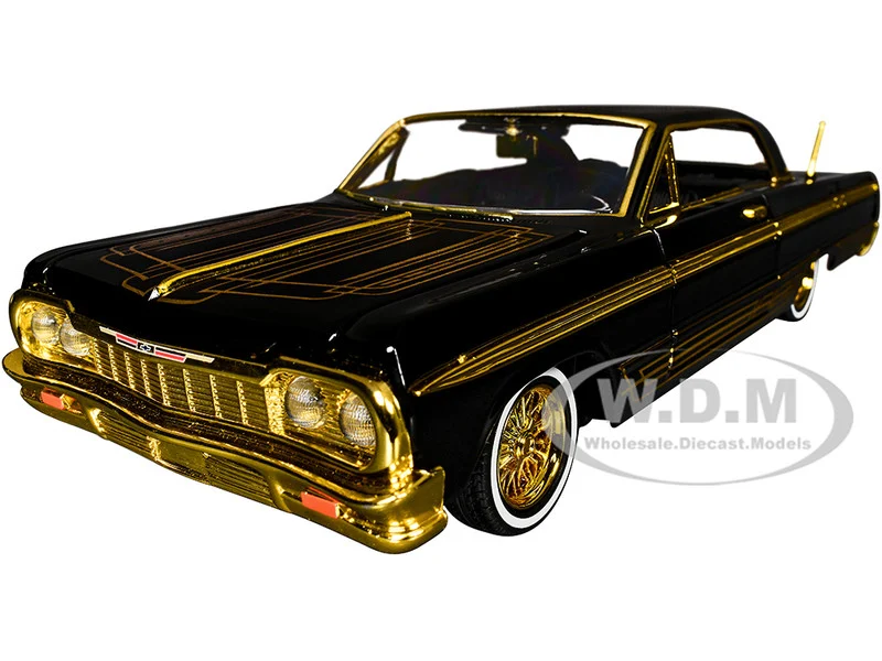 1964 Chevrolet Impala Lowrider Black with Gold Graphics and Wheels "Midnight Eclipse" Series 1/24 Diecast Model Car by Motormax - Chevrolet Models