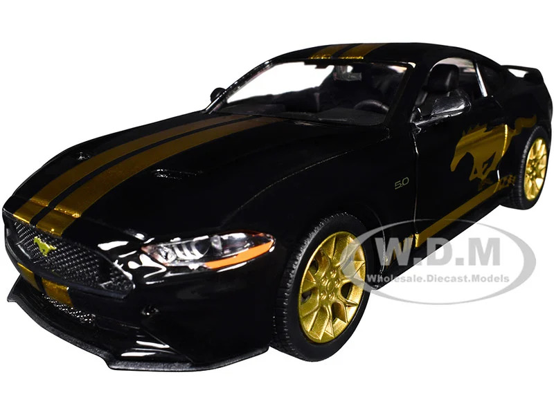 2018 Ford Mustang GT 5.0 Black with Gold Stripes and Graphics "Midnight Eclipse" Series 1/24 Diecast Model Car by Motormax - Ford Models
