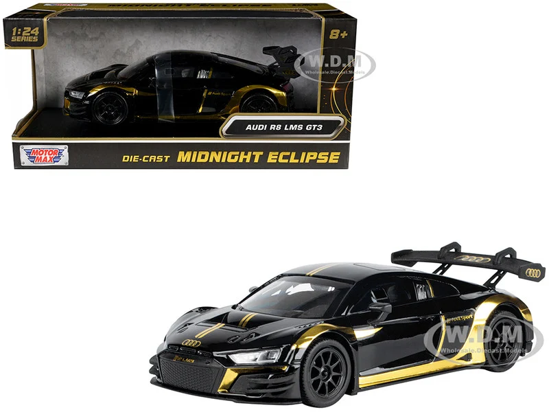 Audi R8 LMS GT3 Black with Gold Stripes and Graphics "Midnight Eclipse" Series 1/24 Diecast Model Car by Motormax - Audi Models