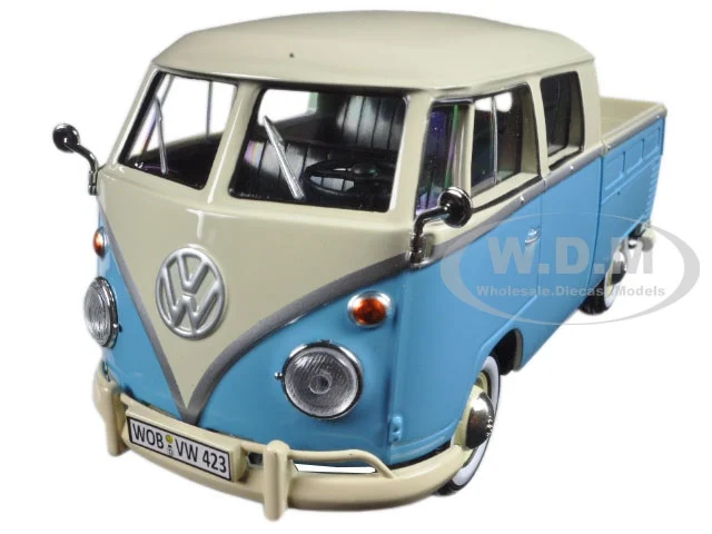 Volkswagen Type 2 (T1) Double Cab Pickup Truck Light Blue and Cream 1/24 Diecast Model Car by Motormax - Volkswagen Models
