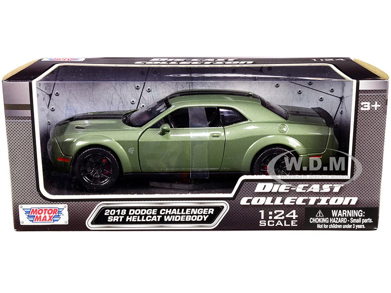 2018 Dodge Challenger SRT Hellcat Widebody Green Metallic with Black Stripes 1/24 Diecast Model Car by Motormax - Dodge Models