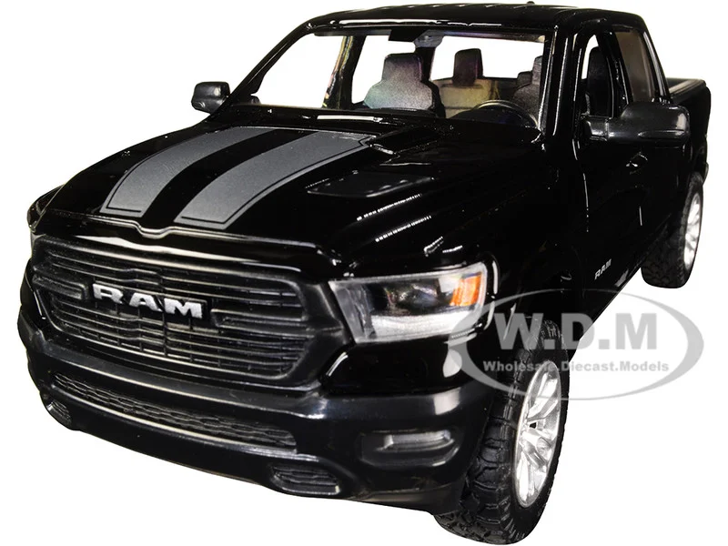 2019 RAM 1500 Laramie Crew Cab Pickup Truck Black with Silver Stripes 1/24 Diecast Model Car by Motormax - Pickup Trucks Models