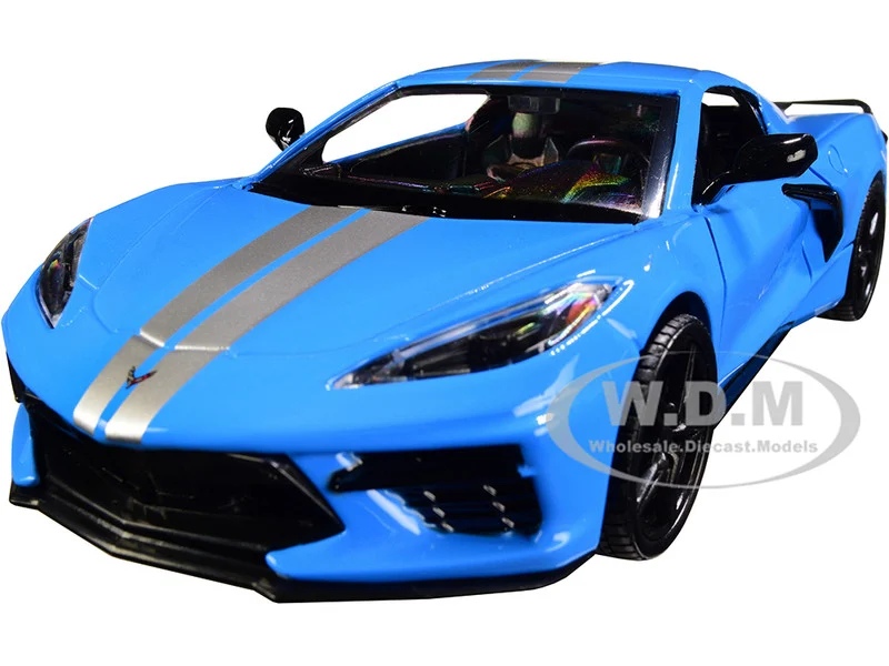 2020 Chevrolet Corvette C8 Stingray Blue with Silver Racing Stripes "Timeless Legends" 1/24 Diecast Model Car by Motormax - Chevrolet Models