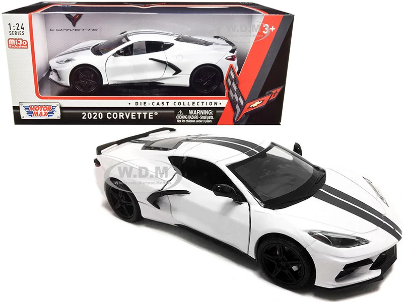 2020 Chevrolet Corvette C8 Stingray White with Gray Stripes 1/24 Diecast Model Car by Motormax - Chevrolet Models