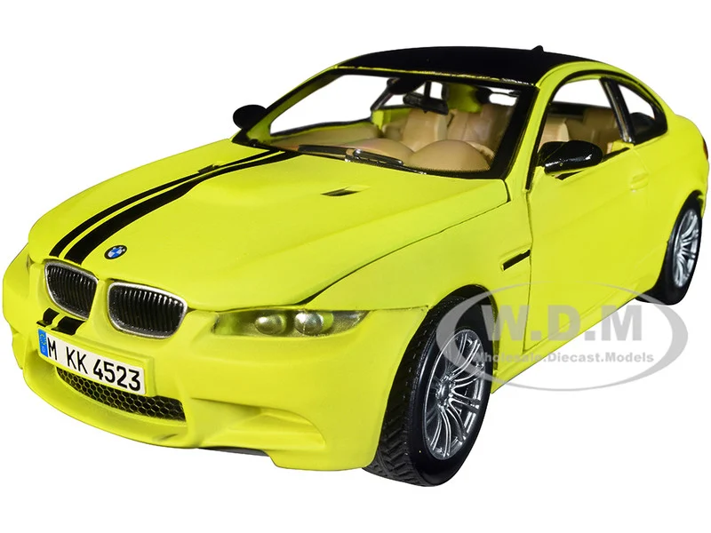 BMW M3 Coupe Neon Yellow with Matt Black Top and Stripes "GT Racing" Series 1/24 Diecast Model Car by Motormax - BMW Models