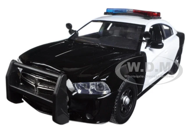 2011 Dodge Charger Pursuit Police Car Black and White with Flashing Light Bar, Front and Rear Lights and 2 Sounds 1/24 Diecast Model Car by Motormax - Dodge Models