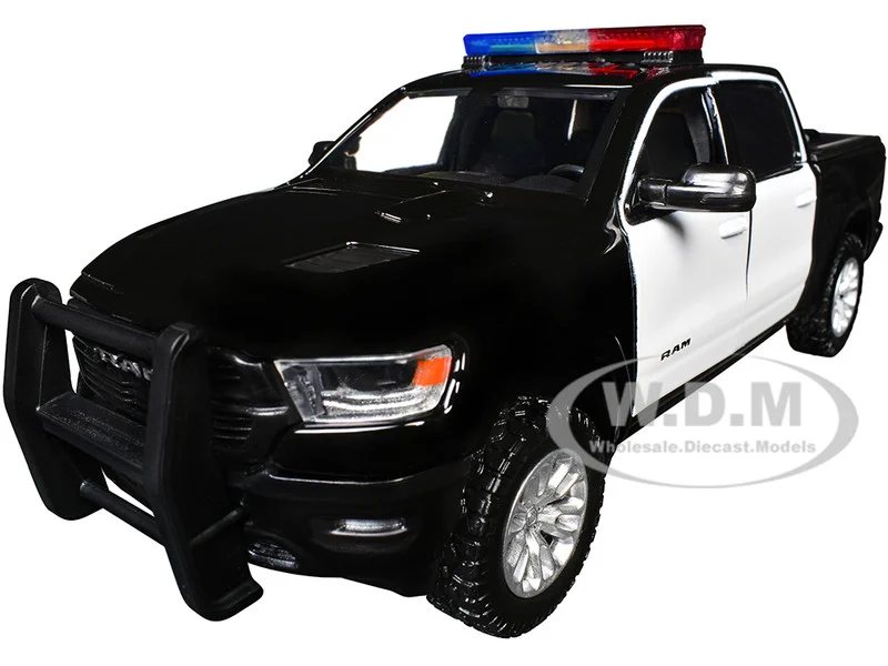 2019 RAM 1500 Laramie Crew Cab Pickup Truck Black and White with Flashing Light Bar and Front and Rear Lights and Sounds 1/27 Diecast Model Car by Motormax - Police Models