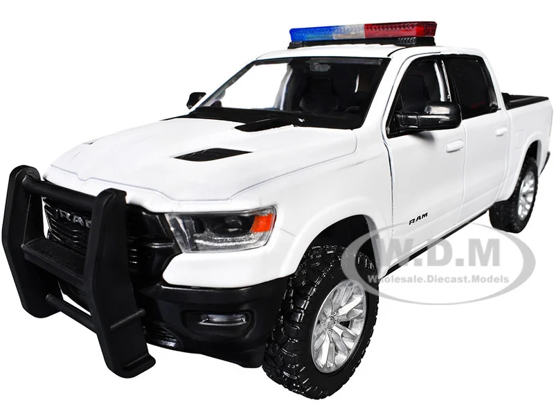 2019 RAM 1500 Laramie Crew Cab Pickup Truck White with Flashing Light Bar and Front and Rear Lights and Sounds 1/27 Diecast Model Car by Motormax - Police Models