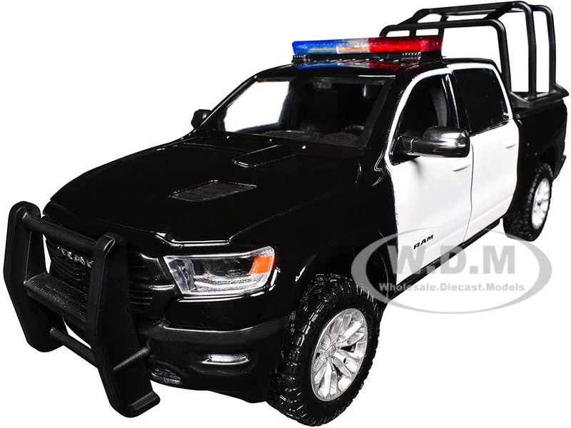 2019 RAM 1500 Laramie Crew Cab Pickup Truck with Bed Cage Black and White with Flashing Light Bar and Front and Rear Lights and Sounds 1/27 Diecast Model Car by Motormax - Police Models