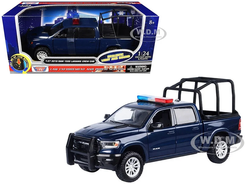 2019 RAM 1500 Laramie Crew Cab Pickup Truck with Bed Cage Dark Blue with Flashing Light Bar and Front and Rear Lights and Sounds 1/27 Diecast Model Car by Motormax - Police Models