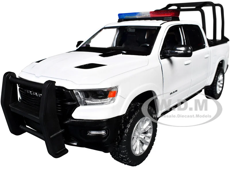 2019 RAM 1500 Laramie Crew Cab Pickup Truck with Bed Cage White with Flashing Light Bar and Front and Rear Lights and Sounds 1/27 Diecast Model Car by Motormax - Police Models