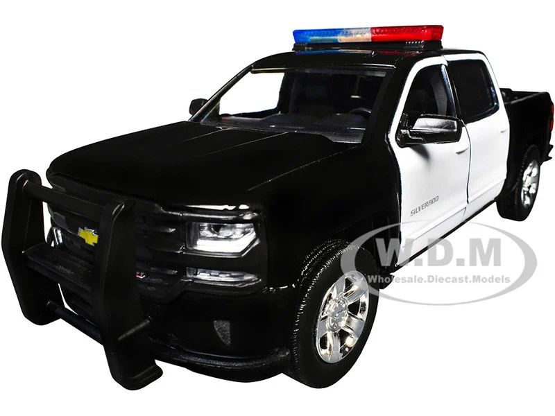 2017 Chevrolet Silverado 1500 LT Z71 Crew Cab Pickup Truck Black and White with Flashing Light Bar and Front and Rear Lights and Sounds 1/27 Diecast Model Car by Motormax - Chevrolet Models
