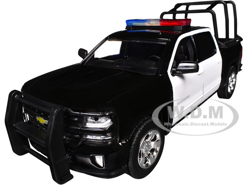2017 Chevrolet Silverado 1500 LT Z71 Crew Cab Pickup Truck with Bed Cage Black and White with Flashing Light Bar and Front and Rear Lights and Sounds 1/27 Diecast Model Car by Motormax - Chevrolet Models
