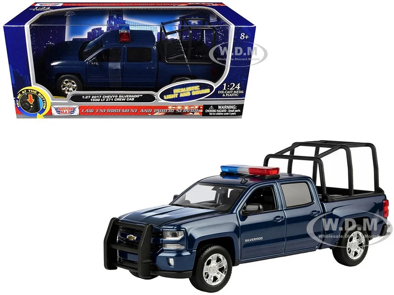 2017 Chevrolet Silverado 1500 LT Z71 Crew Cab Pickup Truck with Bed Cage Dark Blue with Flashing Light Bar and Front and Rear Lights and Sounds 1/27 Diecast Model Car by Motormax - Chevrolet Models