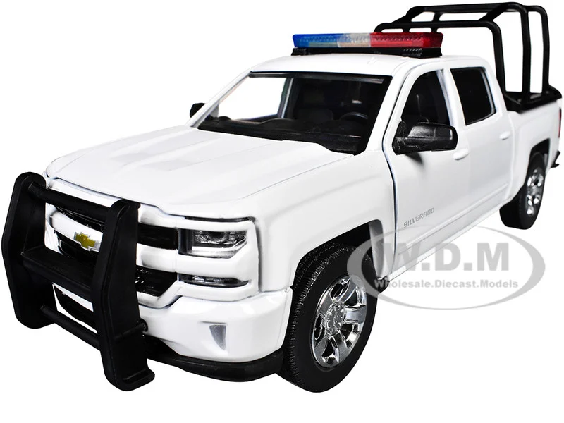 2017 Chevrolet Silverado 1500 LT Z71 Crew Cab Pickup Truck with White with Flashing Light Bar and Front and Rear Lights and Sounds 1/27 Diecast Model Car by Motormax - Chevrolet Models