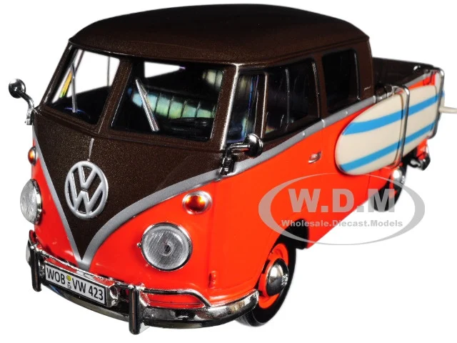 Volkswagen Type 2 (T1) Pickup with Surfboard Brown and Orange 1/24 Diecast Model Car by Motormax - Volkswagen Models