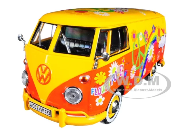 Volkswagen Type 2 (T1) Delivery Van "Flower Power" Yellow and Red 1/24 Diecast Model Car by Motormax - Volkswagen Models