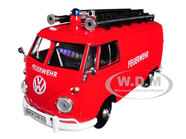 Volkswagen Type 2 (T1) Fire Van "Feuerwehr" Red 1/24 Diecast Model Car by Motormax - Fire and Rescue Models