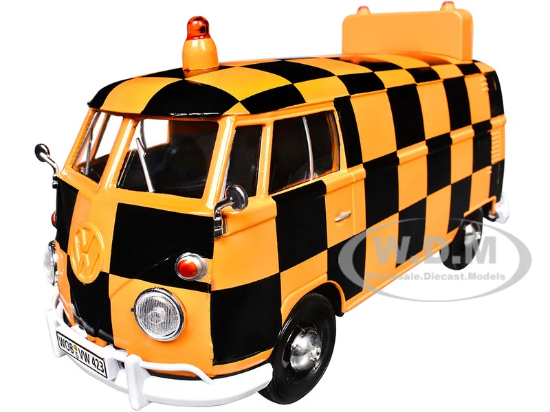 Volkswagen Type 2 (T1) Airport Runway Delivery Van Black and Orange Checkered 1/24 Diecast Model Car by Motormax - Volkswagen Models