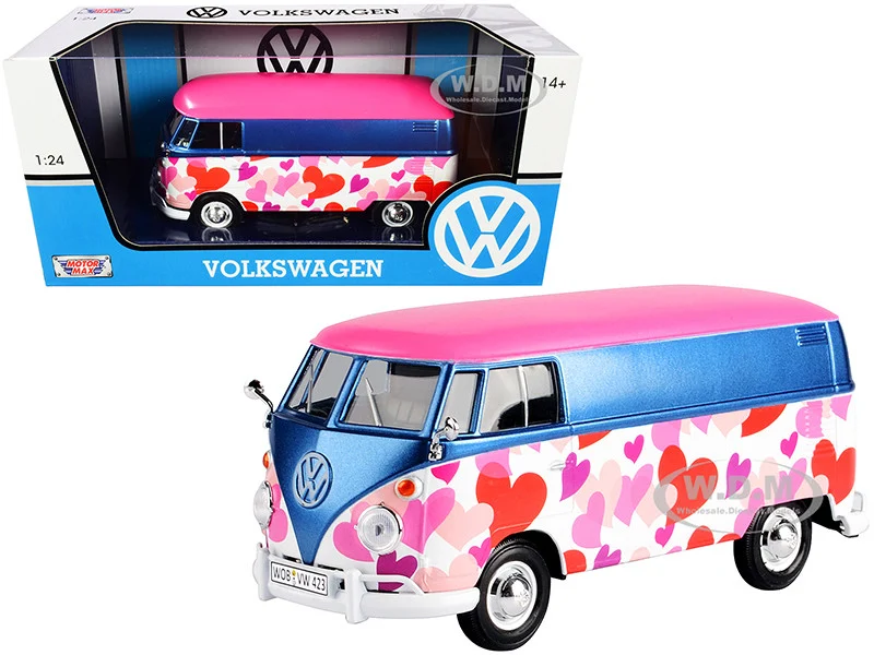 Volkswagen Type 2 (T1) Delivery Van "Love" Pink and Blue Metallic 1/24 Diecast Model Car by Motormax - Volkswagen Models