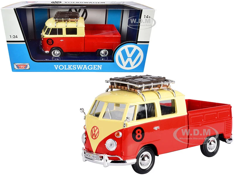 Volkswagen Type 2 (T1) #8 Pickup Truck with Roof Rack and Luggage Red and Yellow 1/24 Diecast Model Car by Motormax - Volkswagen Models