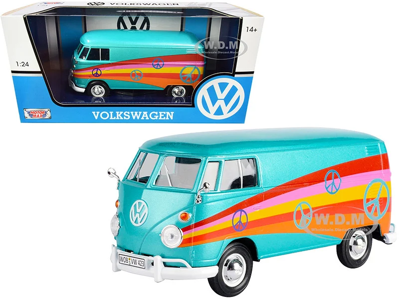 Volkswagen Type 2 (T1) Delivery Van "Peace" Turquoise Metallic 1/24 Diecast Model Car by Motormax - Volkswagen Models