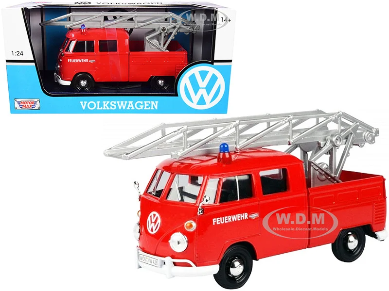 Volkswagen Type 2 (T1) Fire Truck with Aerial Ladder "Feuerwehr" Red 1/24 Diecast Model Car by Motormax - Fire and Rescue Models