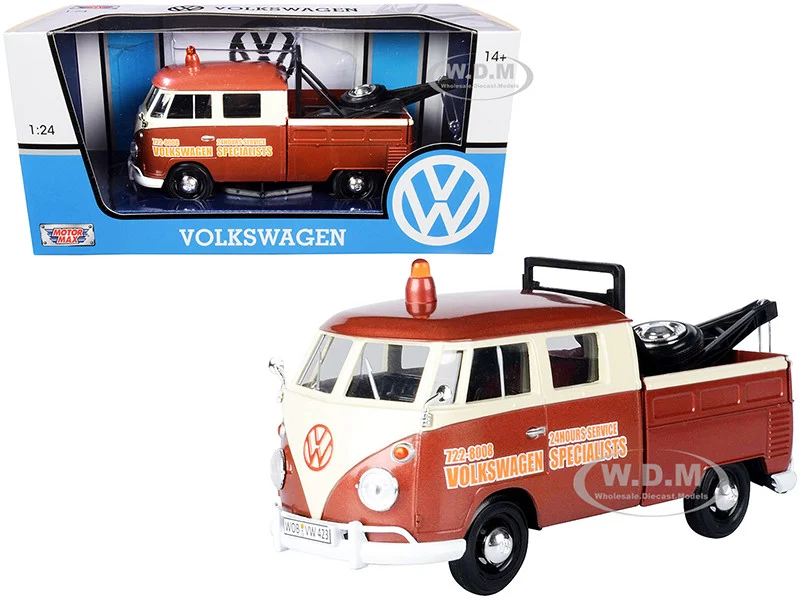 Volkswagen Type 2 (T1) Tow Truck "Volkswagen Specialists" Brown Metallic and Cream 1/24 Diecast Model Car by Motormax - Volkswagen Models