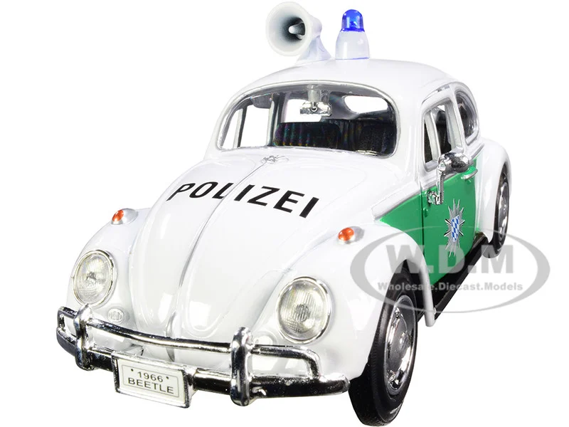 1966 Volkswagen Beetle German Police Car White and Green 1/24 Diecast Model Car by Motormax - Police Models