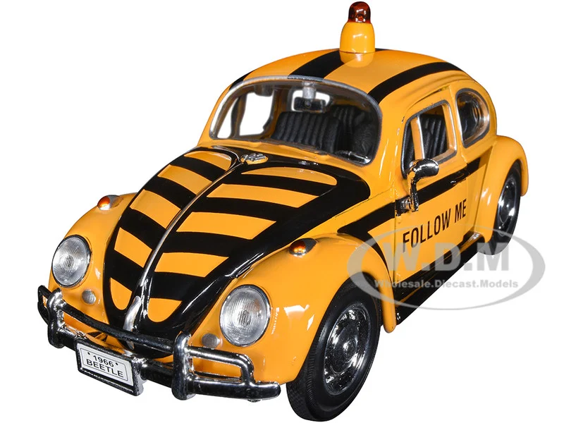 1966 Volkswagen Beetle "Follow Me" Airport Safety Vehicle Yellow with Black Stripes 1/24 Diecast Model Car by Motormax - Volkswagen Models