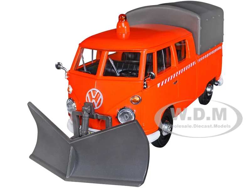 Volkswagen Type 2 (T1) Pickup Truck Orange with Snow Plow and Camper Shell 1/24 Diecast Model Car by Motormax - Volkswagen Models