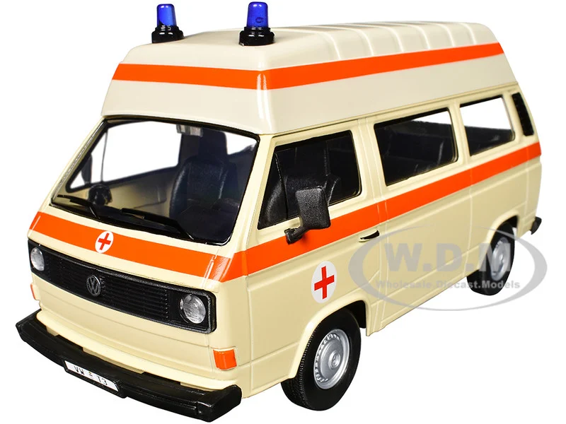Volkswagen Type 2 (T3) High Roof Ambulance Cream with Orange Stripes 1/24 Diecast Model Car by Motormax - Volkswagen Models