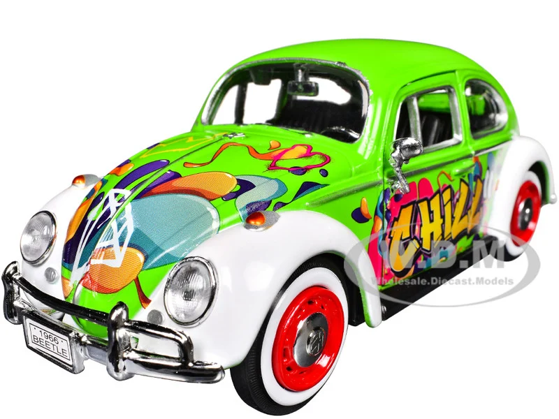 1966 Volkswagen Beetle Green with Graffiti Graphics 1/24 Diecast Model Car by Motormax - Volkswagen Models