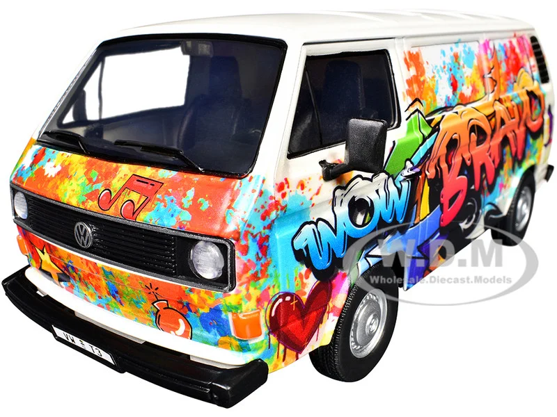 Volkswagen Type 2 (T3) Van White Metallic with Graffiti Graphics 1/24 Diecast Model Car by Motormax - Volkswagen Models