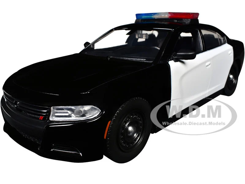 2023 Dodge Charger Pursuit Police Car Black and White with Flashing Light Bar, Front and Rear Lights and 2 Sounds "Builder's Kit" 1/24 Diecast Model Car by Motormax - Dodge Models