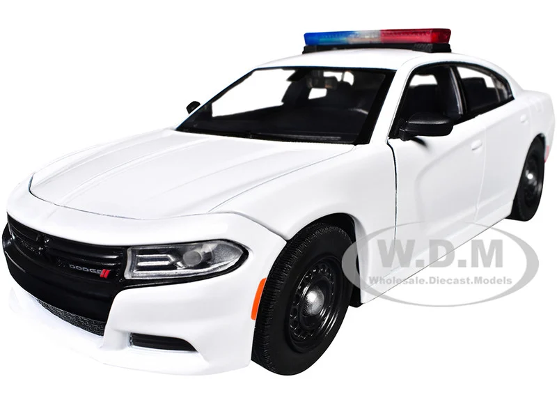 2023 Dodge Charger Pursuit Police Car Unmarked White with Flashing Light Bar, Front and Rear Lights and 2 Sounds "Builder's Kit" 1/24 Diecast Model Car by Motormax - Dodge Models