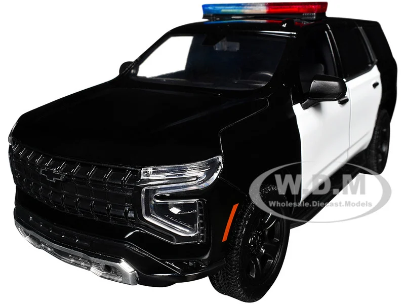 2025 Chevrolet Tahoe PPV Black and White "Builder's Kit" with Flashing Light Bar and Front and Rear Lights and Sounds 1/24 Diecast Model Car by Motormax - Chevrolet Models