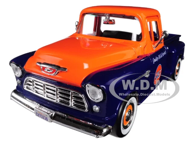 1955 Chevrolet 5100 Stepside Pickup Truck "Gulf" Dark Blue and Orange 1/24 Diecast Model Car by Motormax - Chevrolet Models