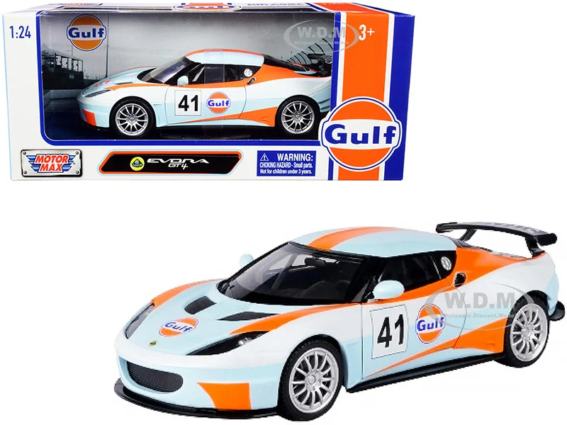 Lotus Evora GT4 #41 "Gulf Oil" Light Blue with White and Orange Stripes 1/24 Diecast Model Car by Motormax - Lotus Models