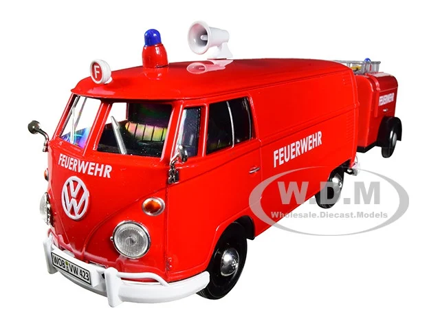 Volkswagen Type 2 (T1) Fire Van with Fire Fighting Trailer "Feuerwehr" Red 1/24 Diecast Model Car by Motormax - Fire and Rescue Models