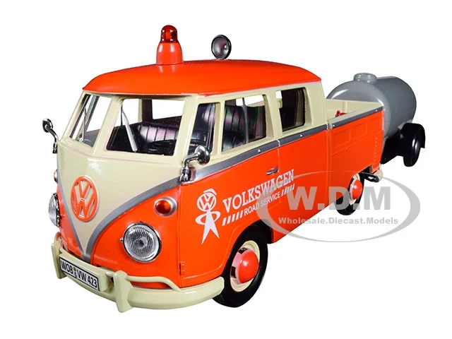 Volkswagen Type 2 (T1) Pickup Truck Orange and Cream with Oil Trailer "Road Service" 1/24 Diecast Model Car by Motormax - Volkswagen Models