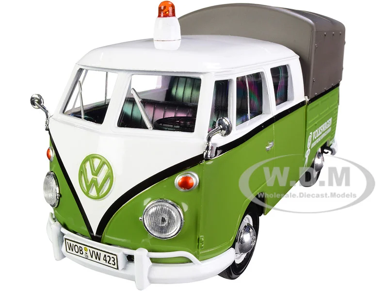 Volkswagen T1 Pickup with Canopy Green and White with Trailer "Road Service" 1/24 Diecast Model Car by Motormax - Volkswagen Models