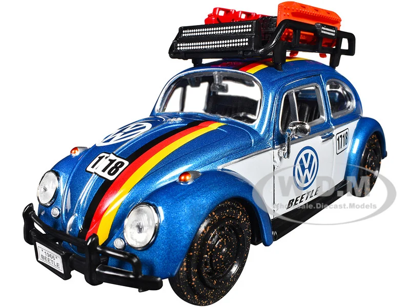 1966 Volkswagen Beetle Off Road #1718 Blue Metallic and White with German Flag Stripes and Roof Rack Accessories 1/24 Diecast Model Car by Motormax - Volkswagen Models