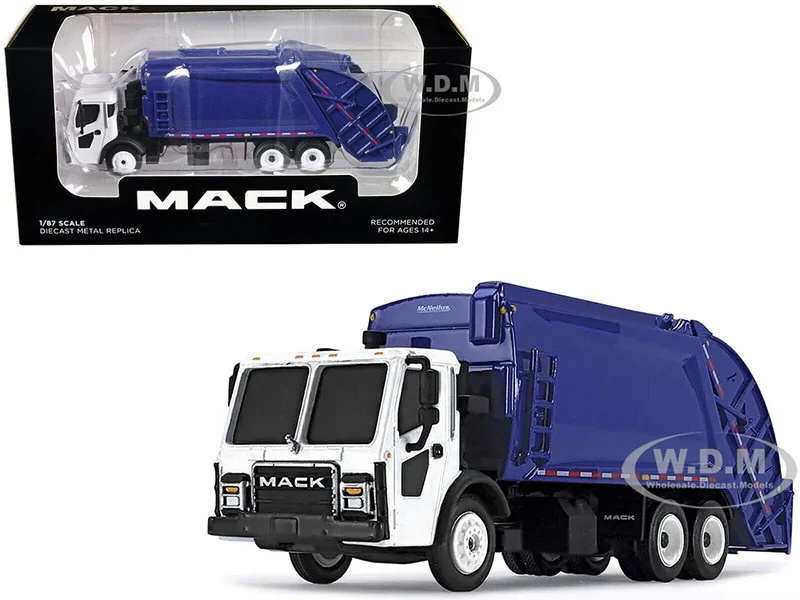 Mack LR with McNeilus Rear Load Refuse Body Blue and White 1/87 Diecast Model by First Gear - Mack Models