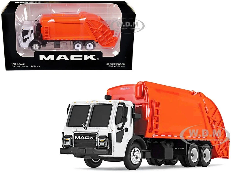 Mack LR with McNeilus Rear Load Refuse Body Orange and White 1/87 Diecast Model by First Gear - Mack Models