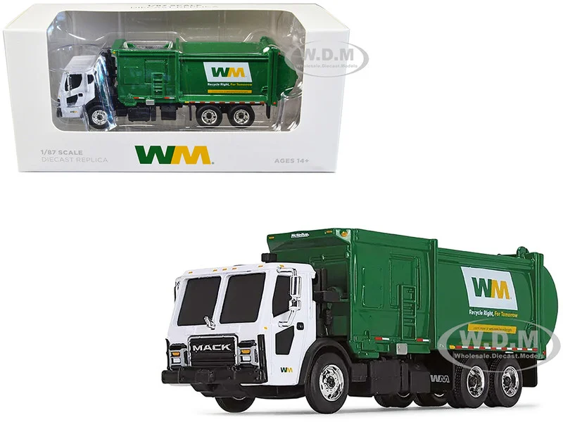 Mack LR Refuse Garbage Truck with McNeilus ZR Side Loader "Waste Management" White and Green 1/87 (HO) Diecast Model by First Gear - Mack Models
