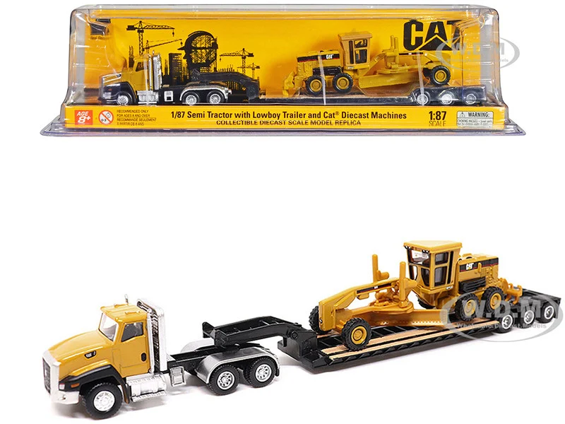 CAT Caterpillar CT660 Day Cab Tractor Yellow with Lowboy Trailer and CAT 163H Motor Grader Yellow 1/87 (HO) Diecast Model by Diecast Masters - Construction Models