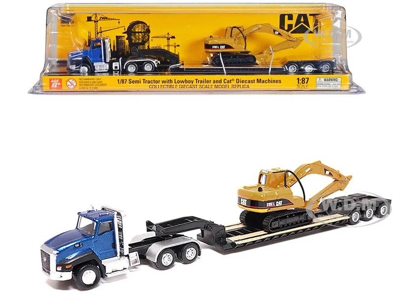 CAT Caterpillar CT660 Day Cab Tractor Blue Metallic with Lowboy Trailer and CAT 315C L Hydraulic Excavator Yellow 1/87 (HO) Diecast Model by Diecast Masters - Construction Models