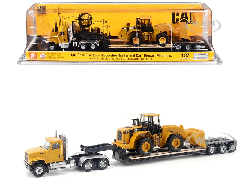 CAT Caterpillar CT681 Day Cab Tractor Yellow with Lowboy Trailer and CAT 950G Wheel Loader Yellow 1/87 (HO) Diecast Model by Diecast Masters - Construction Models